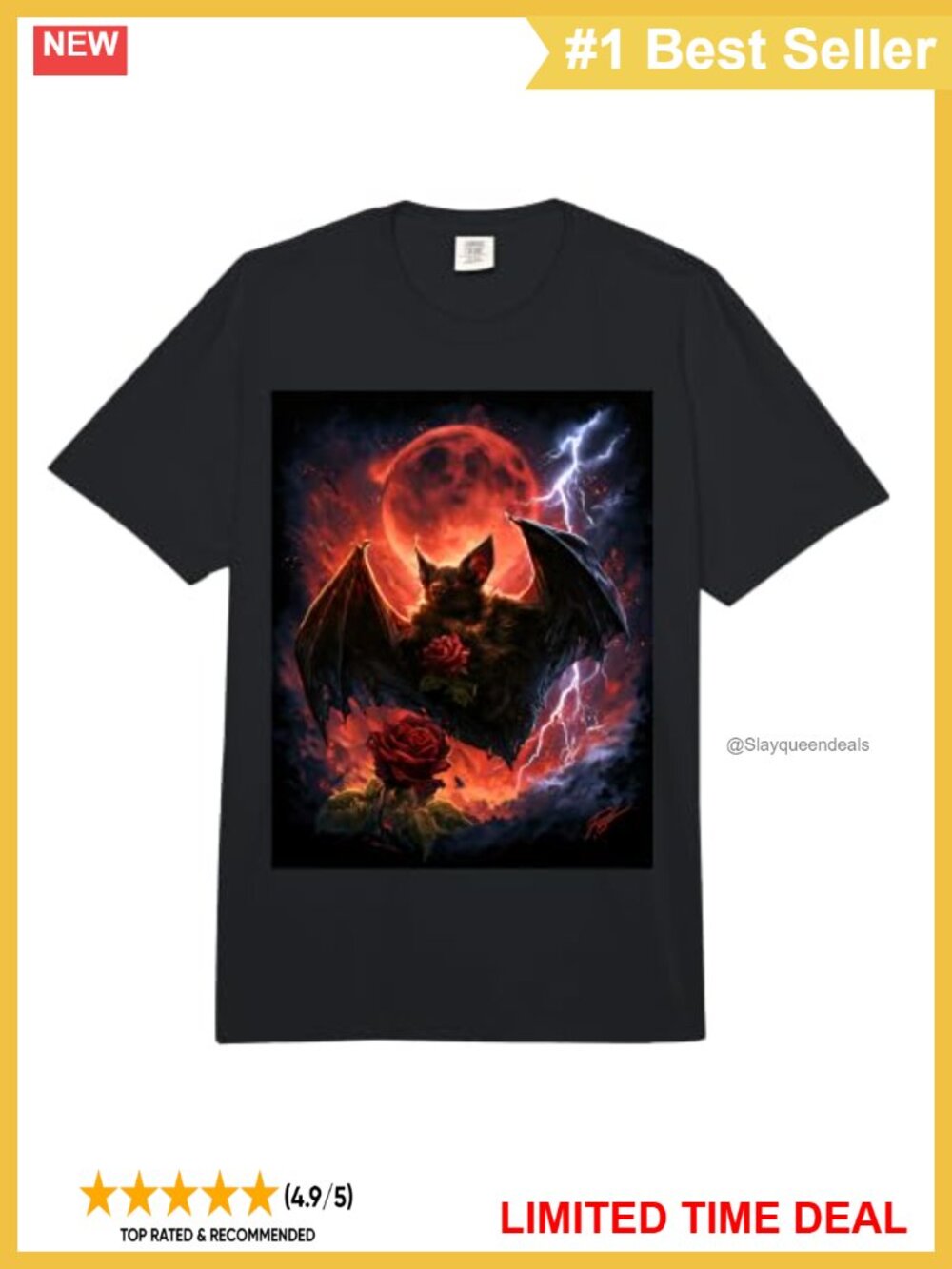 Gothic Bat Rose Moon Graphic T-Shirt Heavyweight Cotton Unisex Adult